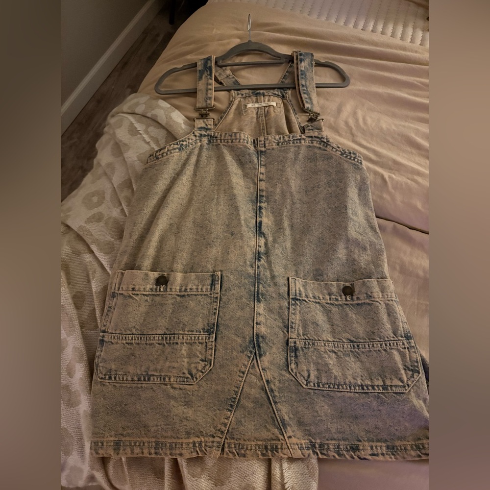 Free People Acid Wash Denim Mini Pinafore Dress - Light Blue